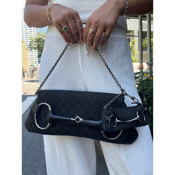 Gucci Vintage Black GG Monogram Horsebit Large Chain Shoulder Clutch Bag - Picture 2 of 9